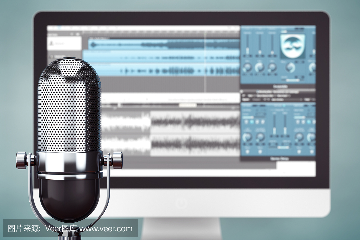 音樂錄音工作室概念。管冷卻器麥克風